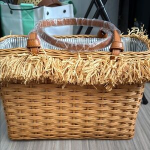 Straw Woven Tote Bag with Tan Accents